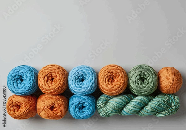 Obraz Arrangement of ten yarn balls in blue orange and green colors on a gray surface in a studio setting
