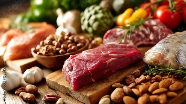 Fototapeta A spread of various Paleo diet essentials including lean meats, nuts, and vegetables, offering a glimpse into a wholesome, natural eating approach.