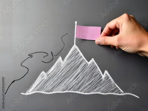 Obraz Conquering the Summit: A symbolic hand plants a flag atop a hand-drawn mountain, representing triumph and goal attainment. The image evokes a sense of ambition, achievement.