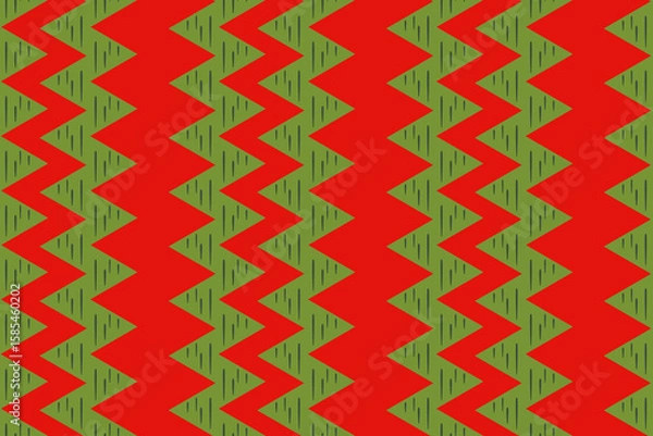 Fototapeta Seamless Christmas zigzag pattern with green triangle shapes and texture on red background, festive geometric textile design