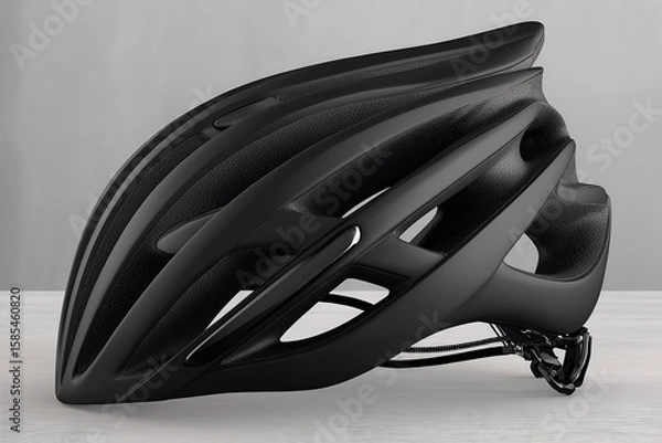 Fototapeta Black Cycling Helmet Matte Finish on Light Background Studio Shot. Mock up promotion information for marketing announcements and details, blank white space.
