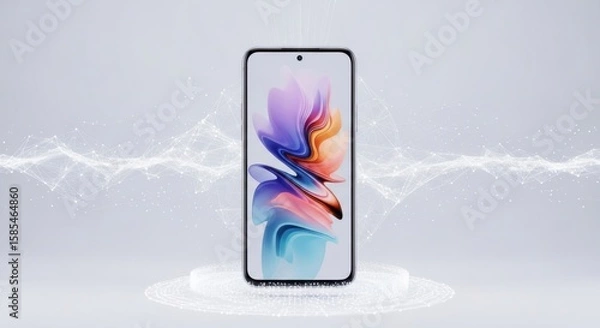 Obraz Modern smartphone displaying vibrant abstract wallpaper with futuristic network overlay