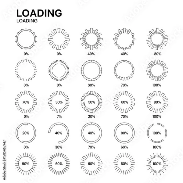 Fototapeta Loading indicators showing progress percentages in a grid pattern , set of Loading indicators 