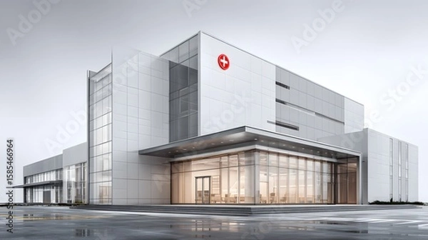 Fototapeta Modern hospital building with glass entrance and red cross symbol on a cloudy day with wet pavement