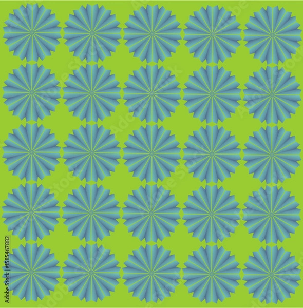 Fototapeta Radiant blue floral bursts pulse across a neon green backdrop, forming a vivid geometric garden of symmetry, energy, and visual rhythm.