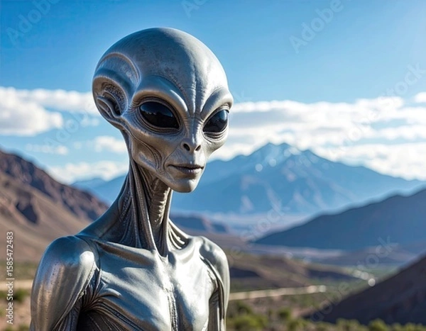 Fototapeta Alien figure in a mountain landscape