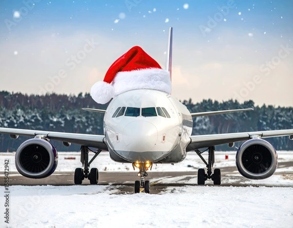 Fototapeta Airplane with Santa hat on snowy tarmac