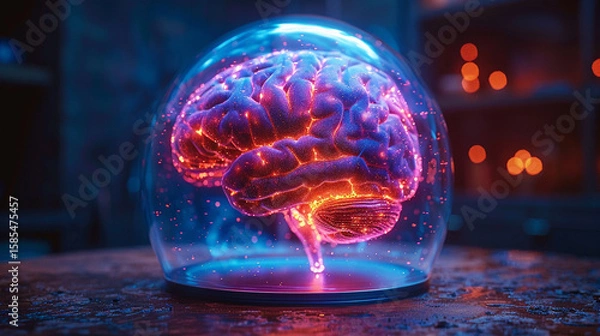 Fototapeta Glowing brain in glass dome, dark lab, research backdrop
