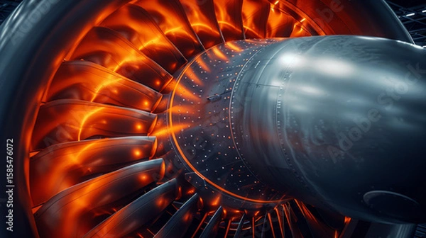 Fototapeta Glowing jet engine turbine blades close-up in hangar