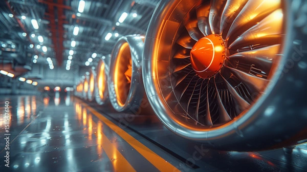Fototapeta Glowing jet engines in hangar, factory production line