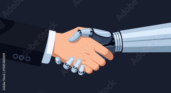 Fototapeta Human handshaking robotic hand, symbolizing collaboration between humans and artificial intelligence in business and technology, a futuristic partnership concept.