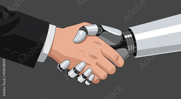 Fototapeta Illustration of a human hand shaking a robot hand, symbolizing the collaboration between humans and artificial intelligence in a modern business setting.