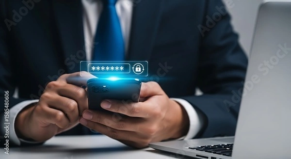 Fototapeta Man entering password on smartphone for security