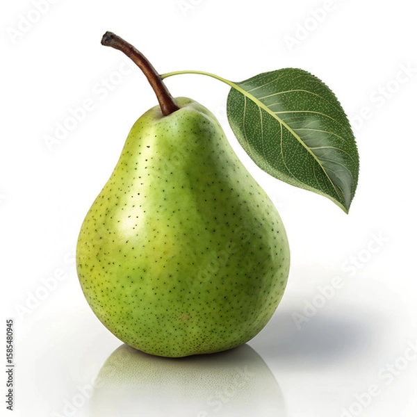 Fototapeta green pear with a stem and leaf on a white background