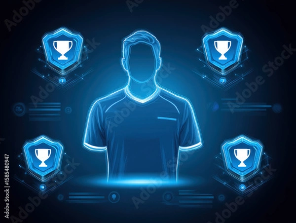 Fototapeta Digital athlete avatar with glowing blue outline, surrounded by trophy icons and futuristic interface, symbolizing achievement and competition
