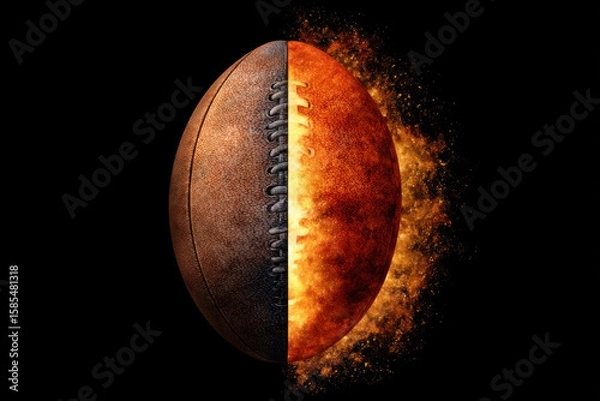 Fototapeta Half of rugby ball splits open with golden light and fiery energy bursting out, dramatic and dynamic on black background