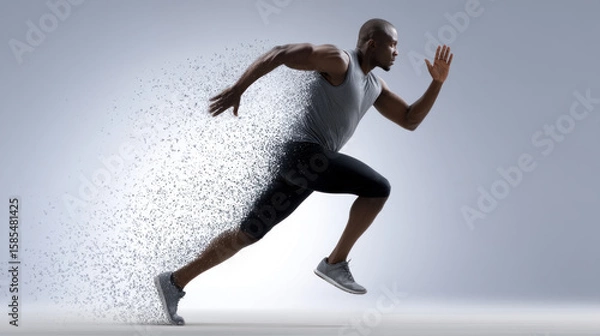 Fototapeta Athletic man running forward dissolving into particles dynamic motion strength determination fitness energy speed focus