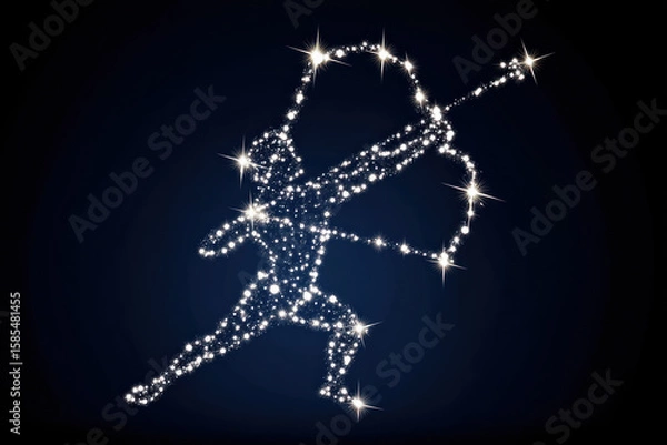 Fototapeta Archer constellation silhouette made of sparkling stars on dark blue background, symbolizing Sagittarius zodiac with magical, celestial energy