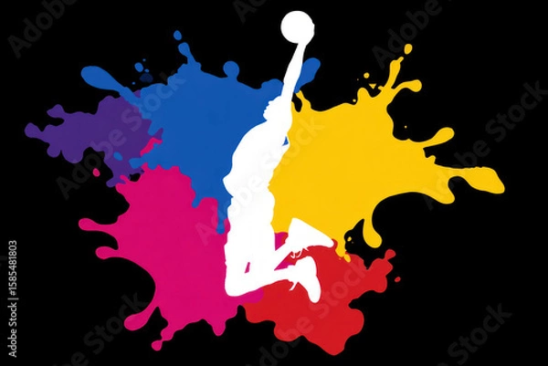 Fototapeta Silhouette basketball player jumping with ball, colorful paint splashes background, dynamic action, energetic sports art