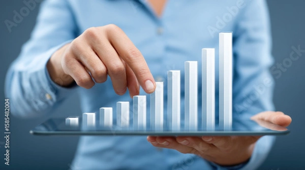 Fototapeta Businesswoman hand touching digital bar chart growth on tablet, representing financial success, data analysis, and technology innovation
