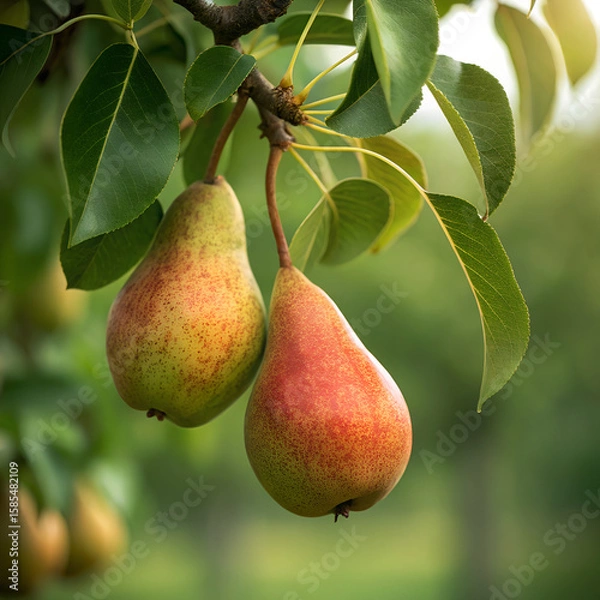 Fototapeta Two ripe pears hanging on a tree branch with green leaves