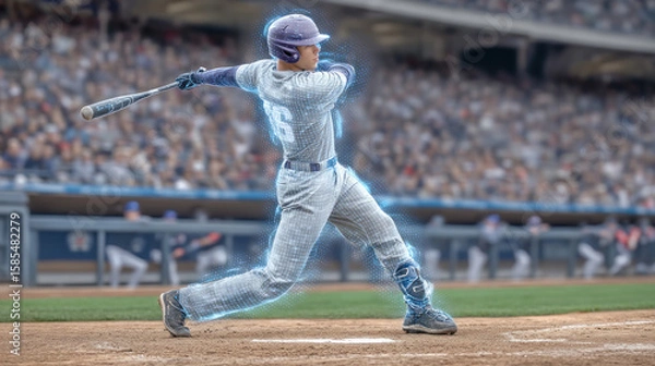Fototapeta Baseball player swinging bat with digital hologram effect, dynamic action, stadium background, energetic atmosphere