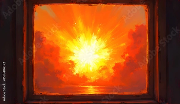 Fototapeta Abstract Sunset Explosion Through Window Frame top view

