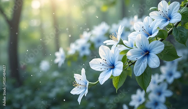 Fototapeta Vibrant Display of White Flowers with Blue Accents Hanging Gracefully in a Natural Setting top view

