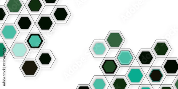 Fototapeta Geometric honeycomb pattern in green, teal, and black tones. Minimalistic digital design perfect for technology, science, and creative templates. Modern abstract hexagonal vector background