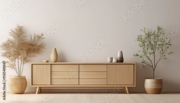 Obraz wooden cabinet and accessories decor in living room interior on empty white tone background 3d rendering