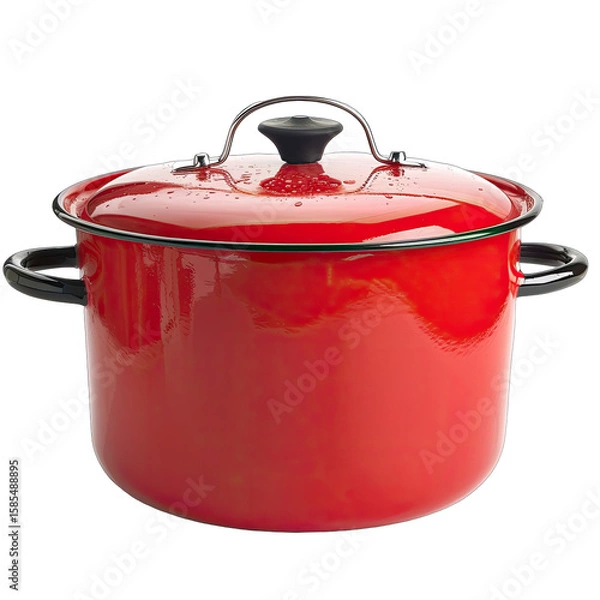 Fototapeta A vibrant red enamel stockpot with black handles and a matching knobbed lid, set against a black background