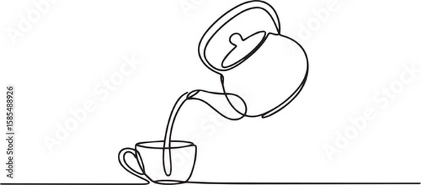 Fototapeta Teapot pouring tea into cup in continuous one line drawing, minimalist kitchenware vector illustration

