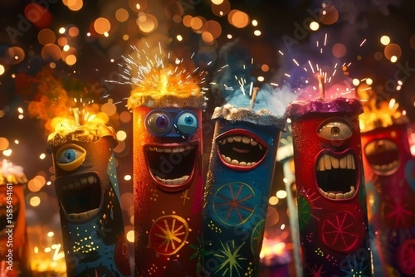Fototapeta Vibrant animated fireworks tubes with expressive faces