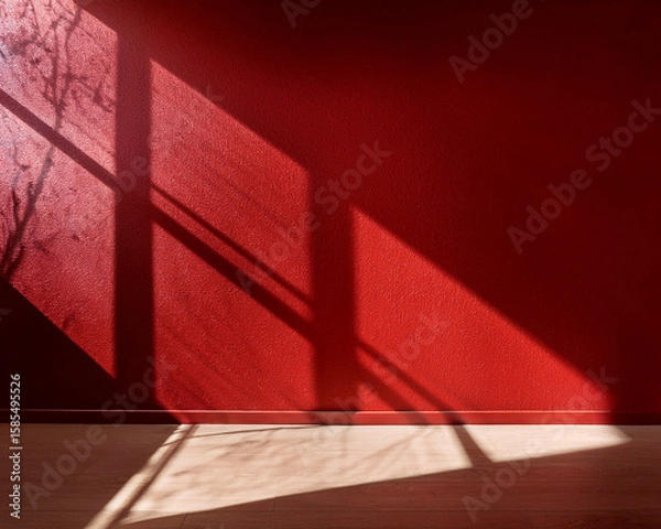 Fototapeta Red and white patterns accent the minimalist office interior, featuring a red book on a light wall