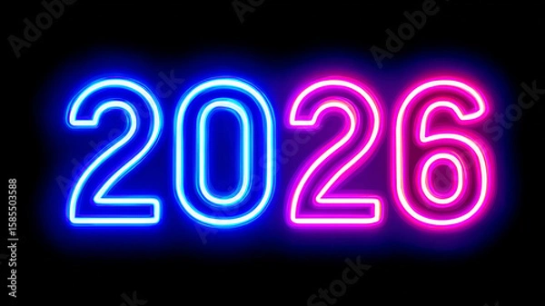 Fototapeta Neon text "2026" with a blue outline on a black background.