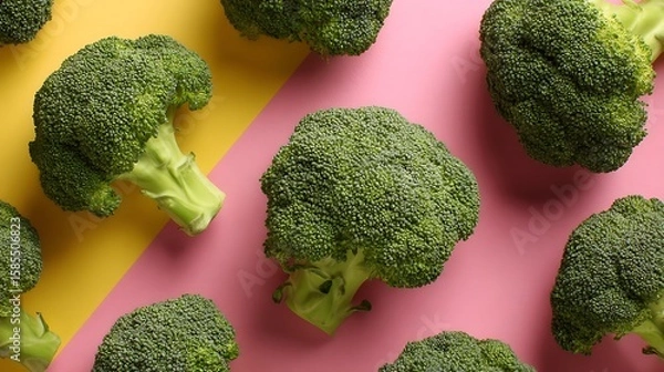 Fototapeta A top-down view of fresh green broccoli on a colorful background, symbolizing healthy, vegetarian food choices for improved nutrition.