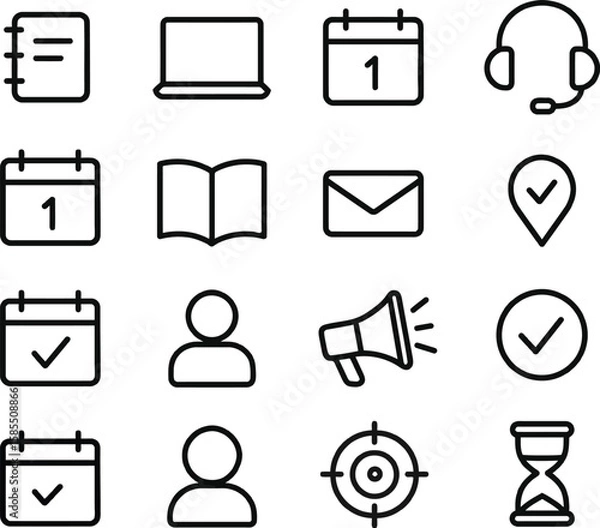 Fototapeta Laptop, calendars, checkmark, headset open book, mail envelope, megaphone, hourglass, location pin mapping, bullseye target, profiles etc., productivity and communications line icon editable vector 