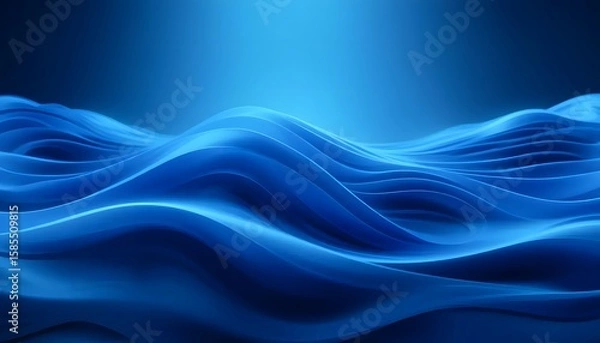 Obraz Abstract, flowing, deep blue waves on a dark background, lit from above