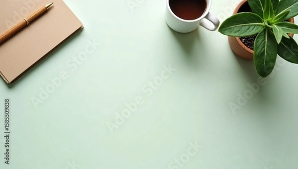 Fototapeta A minimalist workspace from a top-down view. On a light green table are a notebook, a pen, a cup of coffee, and a houseplant in a terracotta pot. The space is open for creativity.