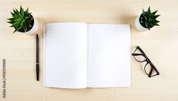 Fototapeta A neatly organized workspace. On a light wooden table lies an open notebook with blank pages, alongside a pen, glasses, and two small houseplants in white pots.
