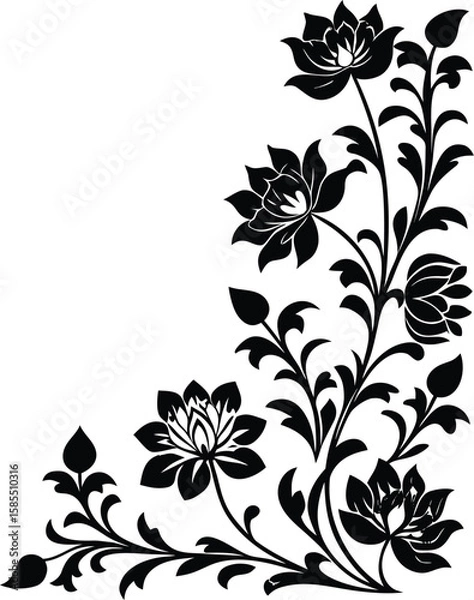 Fototapeta Vertical Corner Floral Panel With Lotus And Vines