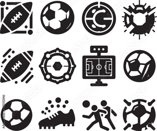 Fototapeta Set of vector soccer and football icons featuring balls, goals, and team play symbols for championship game design