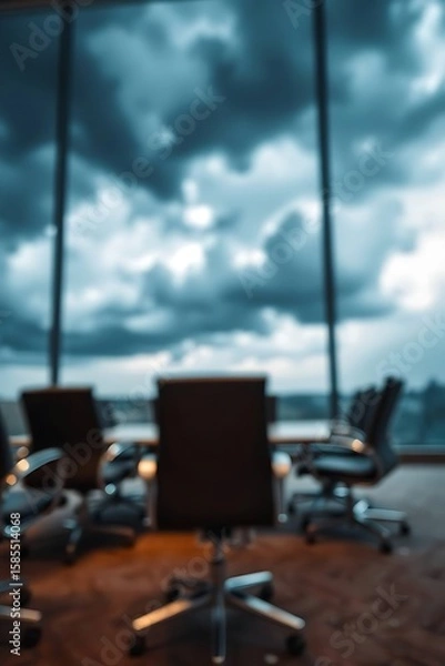 Obraz Blurred boardroom interior with dramatic sky view suggesting business challenges