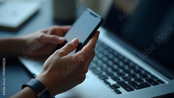 Obraz Close-up of hands holding a smartphone near a laptop