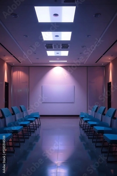 Obraz Eerie empty conference room with chairs, reflecting light and futuristic atmosphere ready for