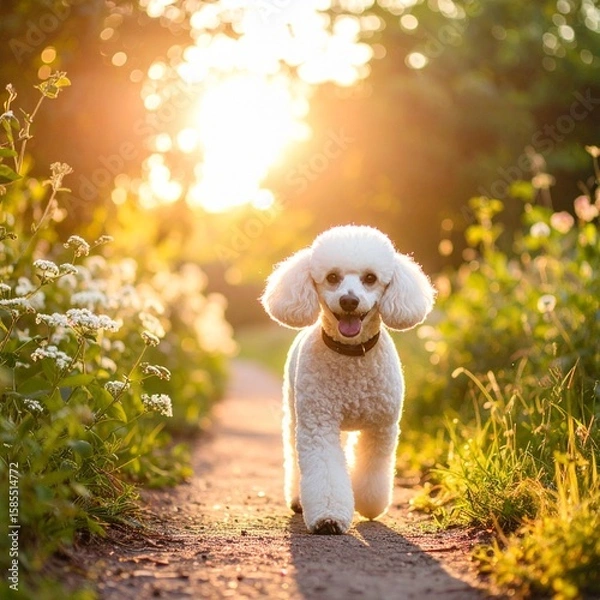Fototapeta Happy white poodle dog walking along garden path in bright summer sunset with green plants and soft backlight