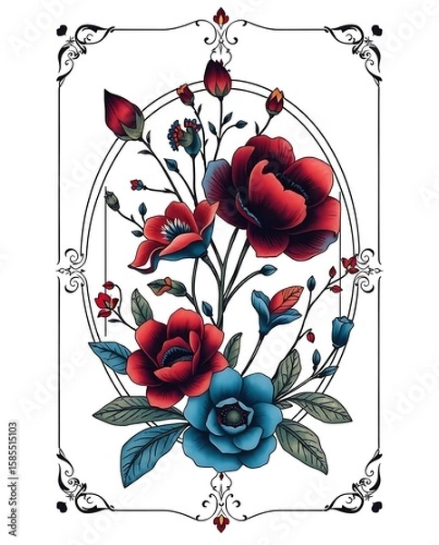 Obraz Elegant Floral Arrangement with Vintage Frame: A Timeless Botanical Art Piece