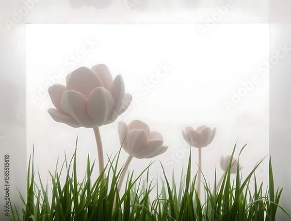 Obraz Elegant pink flowers and green grass against a pristine white background composition