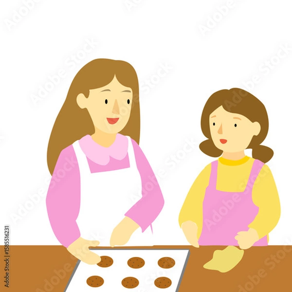 Fototapeta mother and daughter baking cookies together. Flat vector illustration design