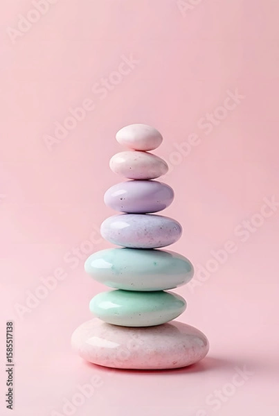 Fototapeta Balanced Stack of Pastel Pebbles on Pink Background
